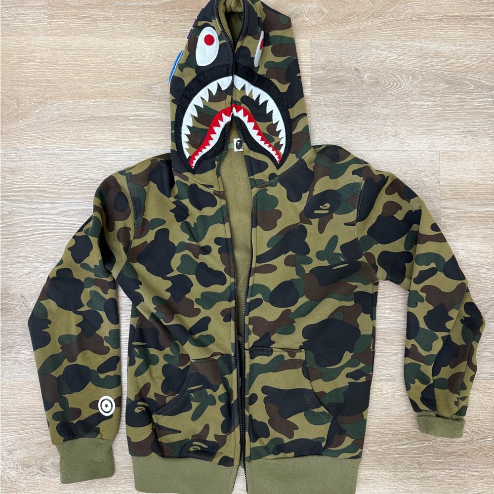 Mens A Bathing Ape Bape Camo Shark Hoodie Size Large Tiger Jacket Broken Zip